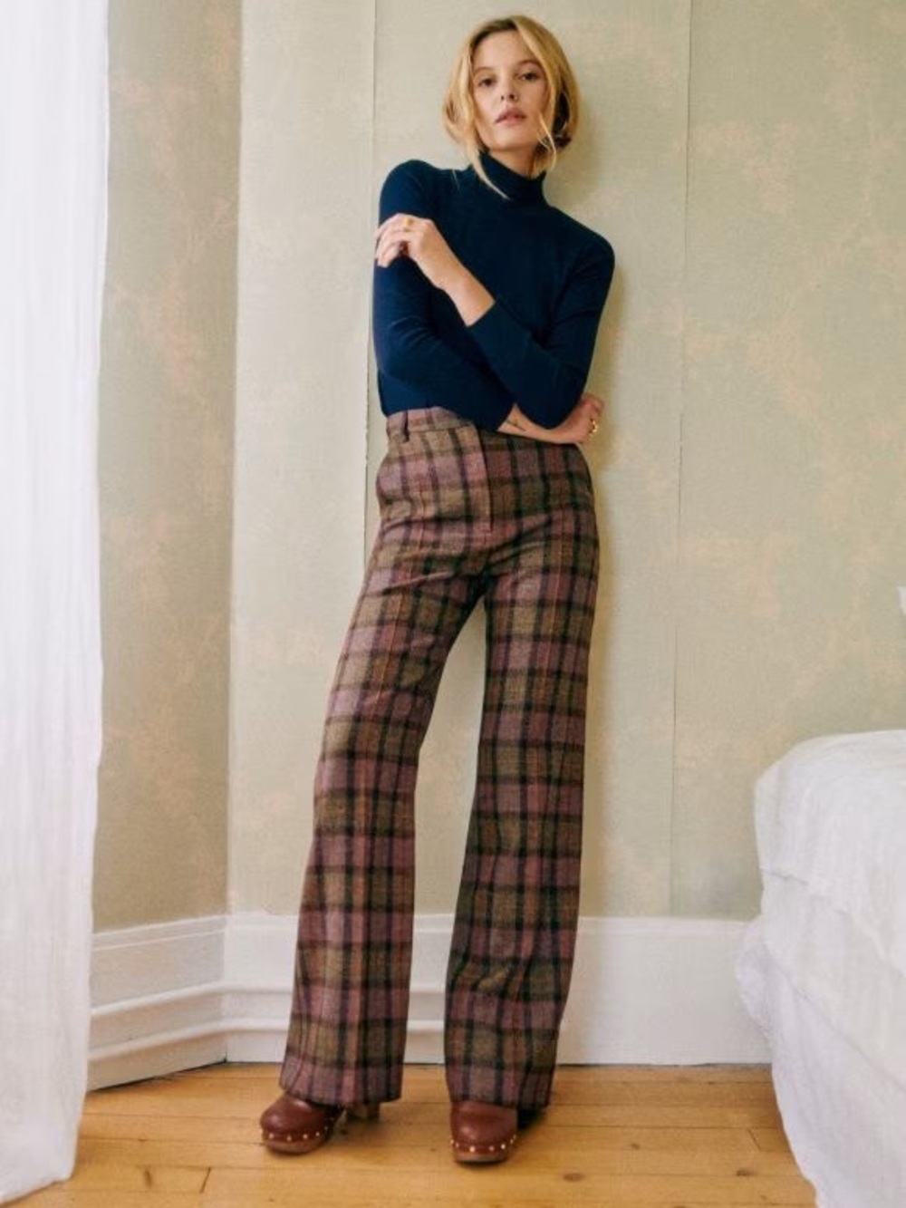 Sezane Matheo 8 Plaid Wool Wide Leg Pants High Rise Dark Academia Paris Chic NWT